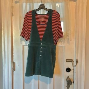 OUTFIT: Teal overall dress w/ orange and navy striped T-shirt
